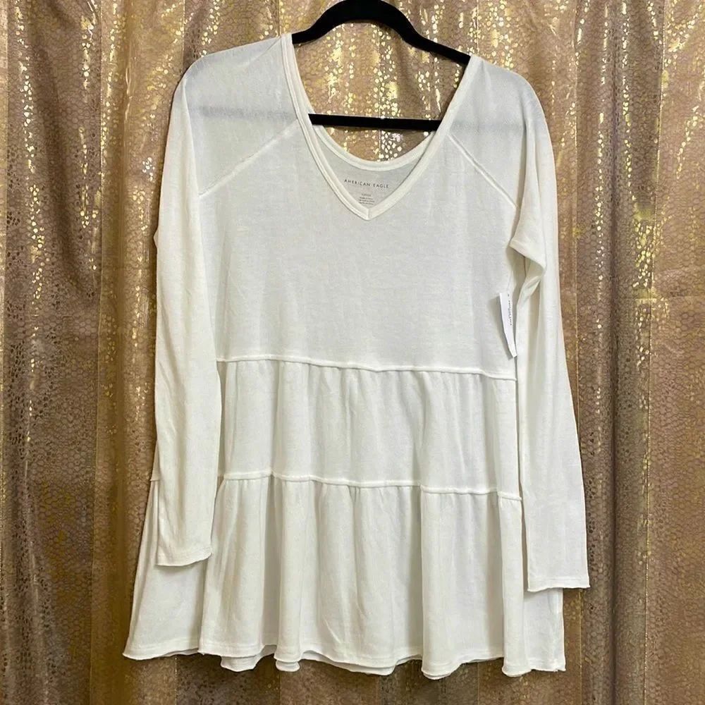 American Eagle Outfitter long sleeve white boho ruffle top, size S, NWT